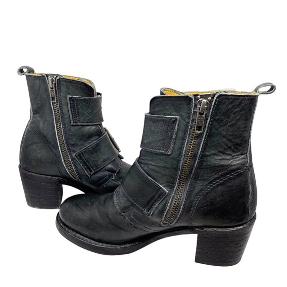 Frye Sabrina Black Leather Double Buckle Ankle Boots‎ - Picture 10 of 12